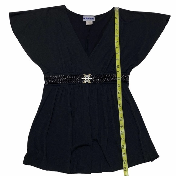 KRESS Collection Solid Black Short Sleeve V-Neck Braided Belted Waist Blouse - Picture 6 of 11